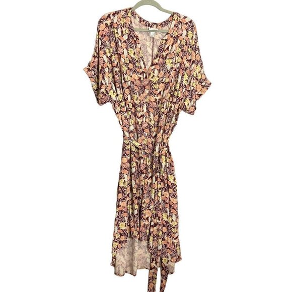 Ava Viv Floral Button Front‎ Dress Knee Midi Length High Low Maroon Peach Sz 2X - Picture 1 of 9